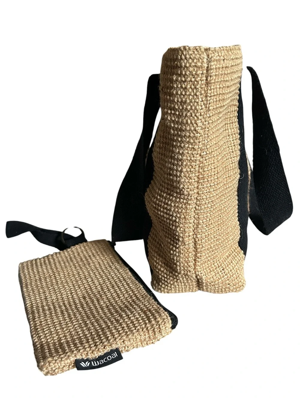 Wacoal Jute & Cotton Double Strap Tote With Matching Wristlet Pouch in Tan with